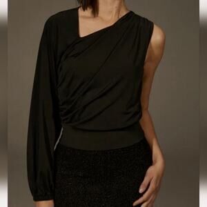 NWT Revolve Krisa One Sleeve Blouse in Black Ruched Side Size Large Double Lined